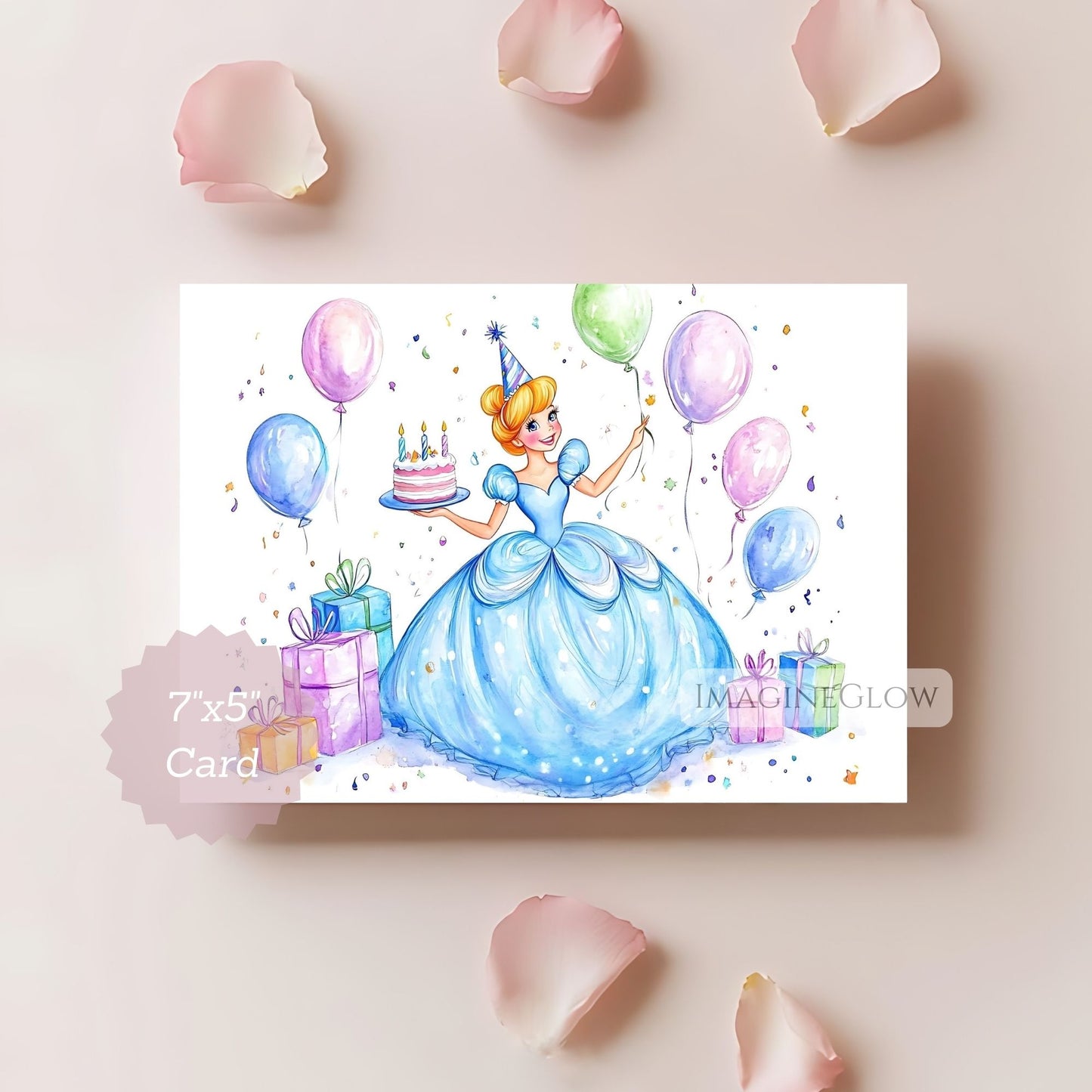 Illustration of a princess in a blue dress with balloons and a cake on a card