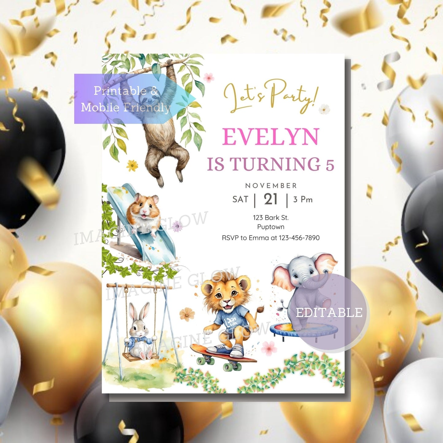 Editable kids’ party invite with animal playground theme in Canva