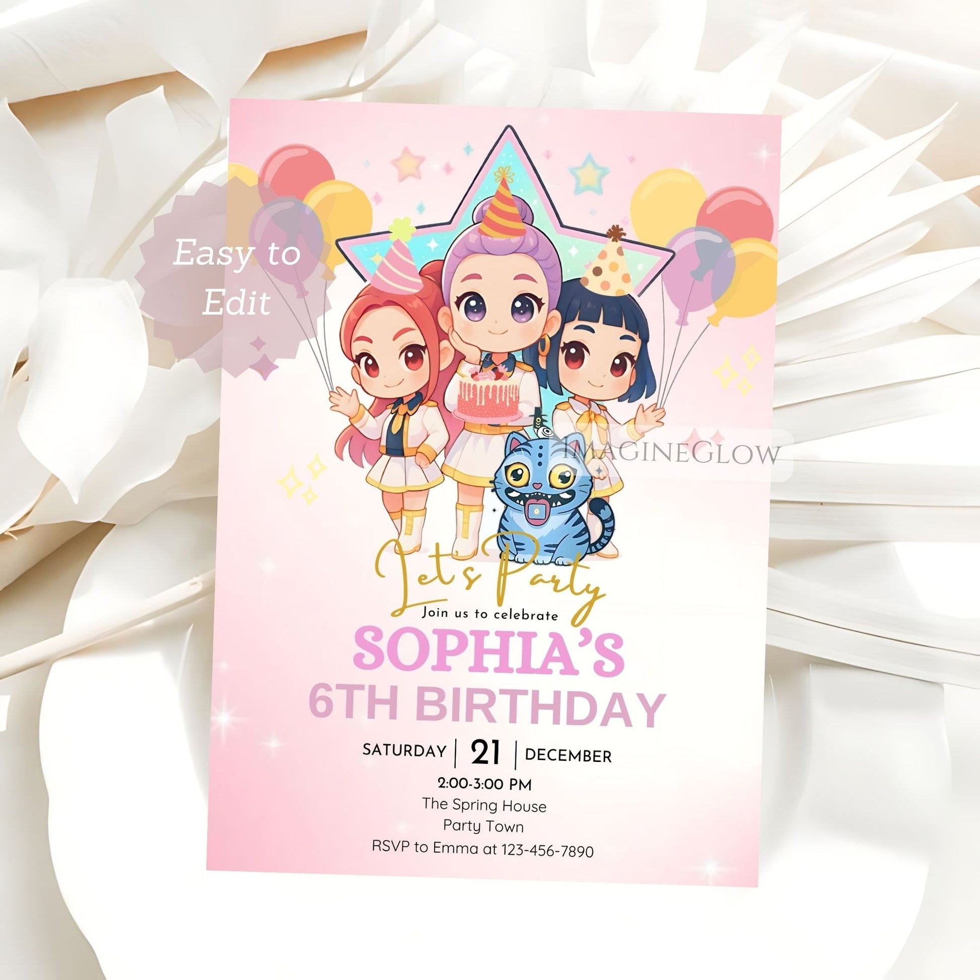 Birthday invitation card with cartoon characters and balloons on a pink background