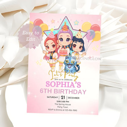 Birthday invitation card with cartoon characters and balloons on a pink background