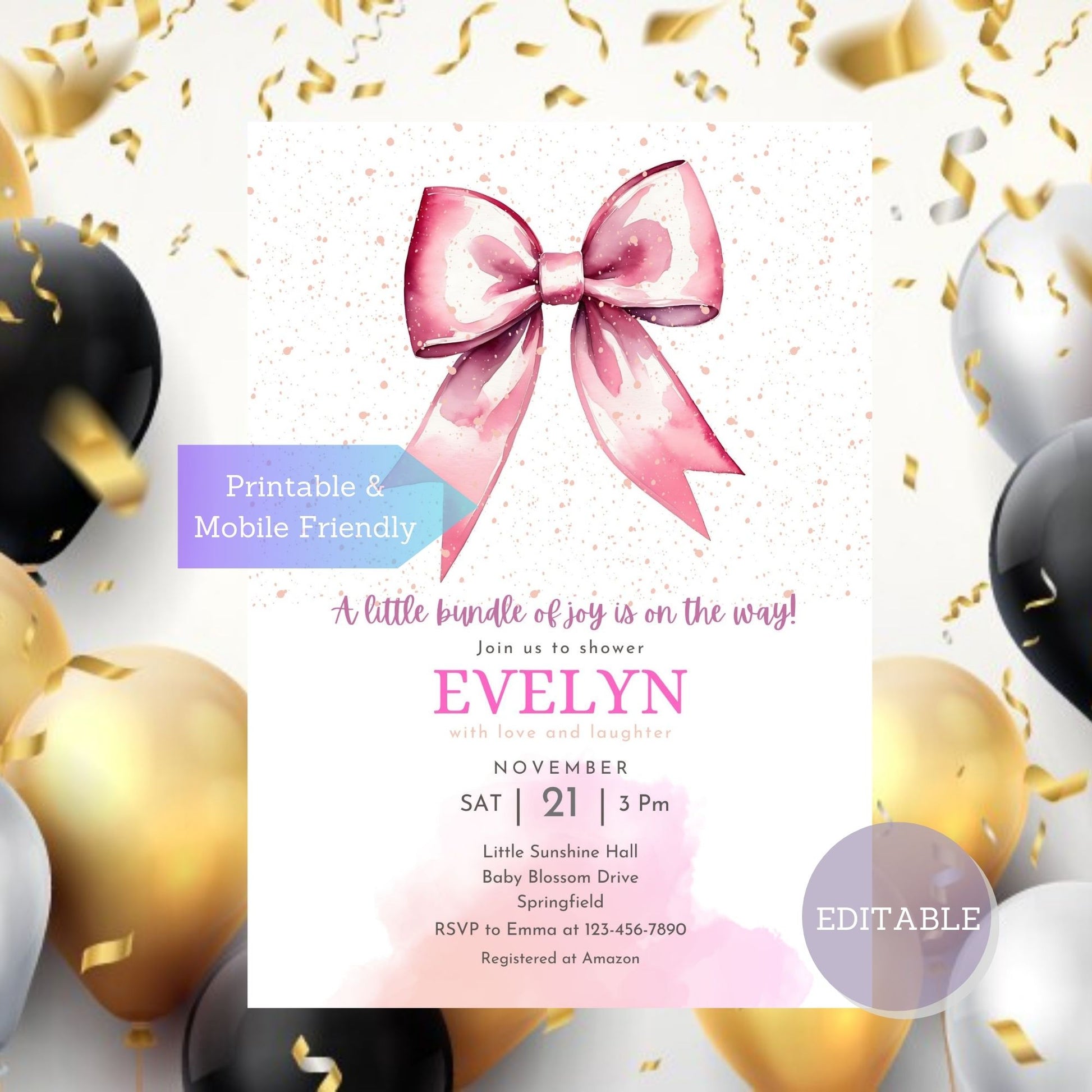 It’s a girl baby shower invite with pink bow design, ideal for a fun party celebration.