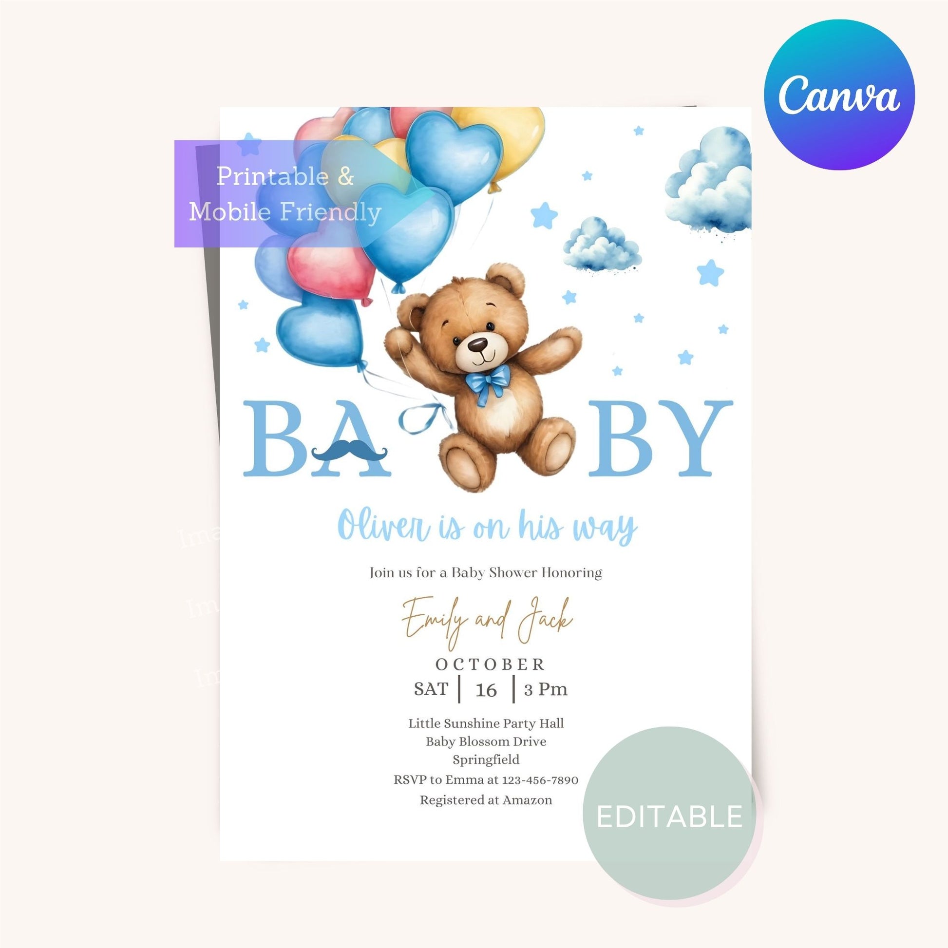 Blue teddy bear party invite featuring balloons for a fun first birthday celebration.