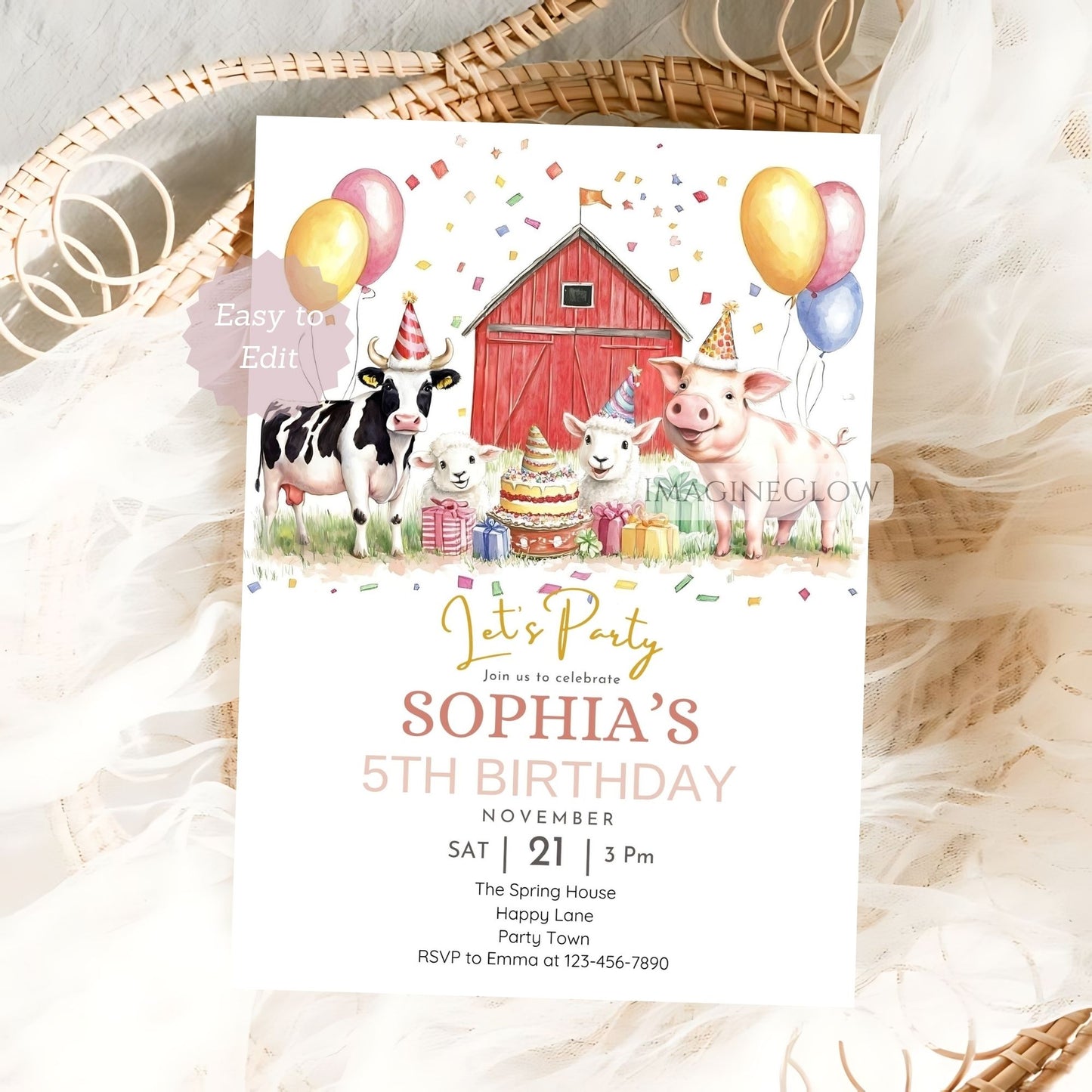 Barn-themed birthday invitation with cute animals
