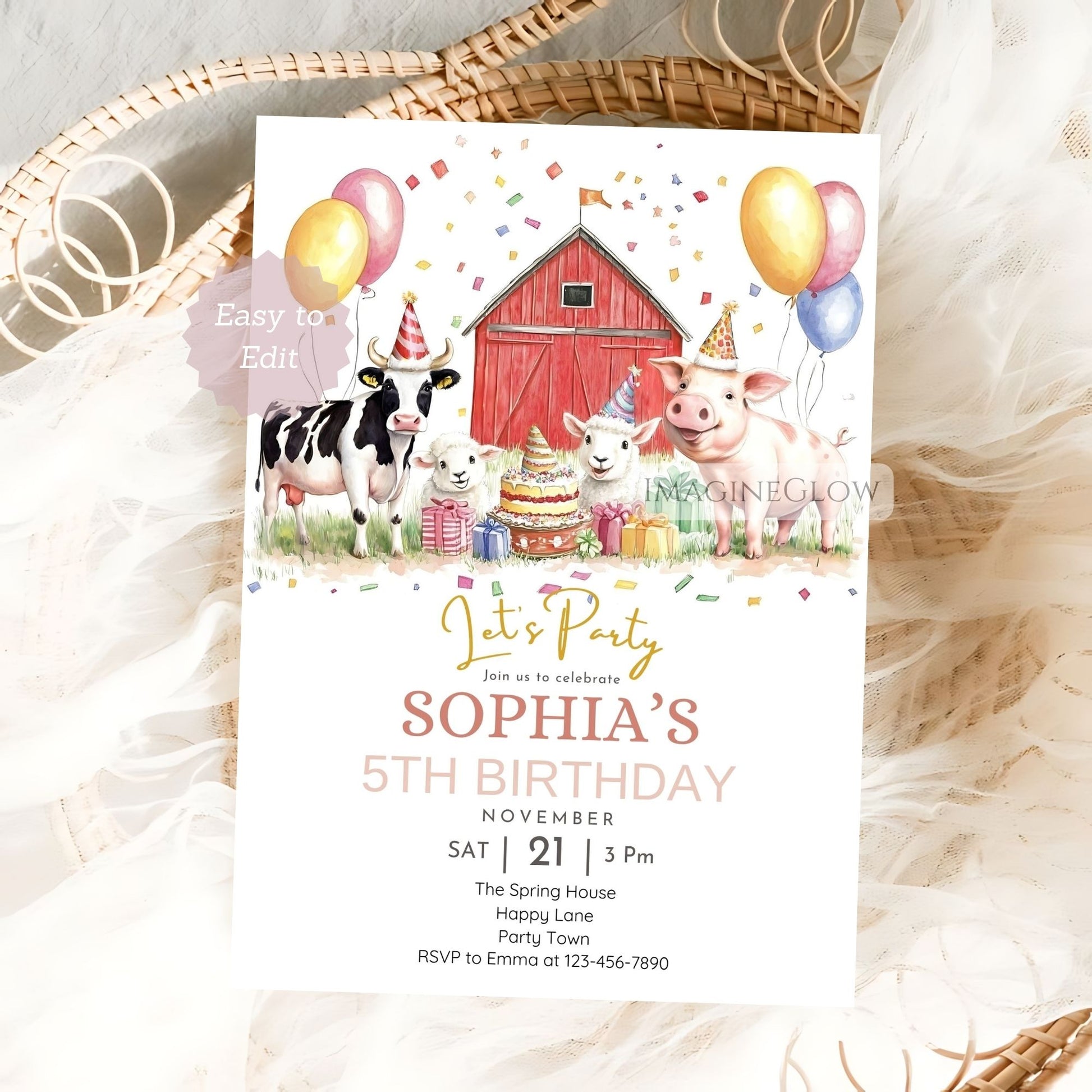 Barn-themed birthday invitation with cute animals
