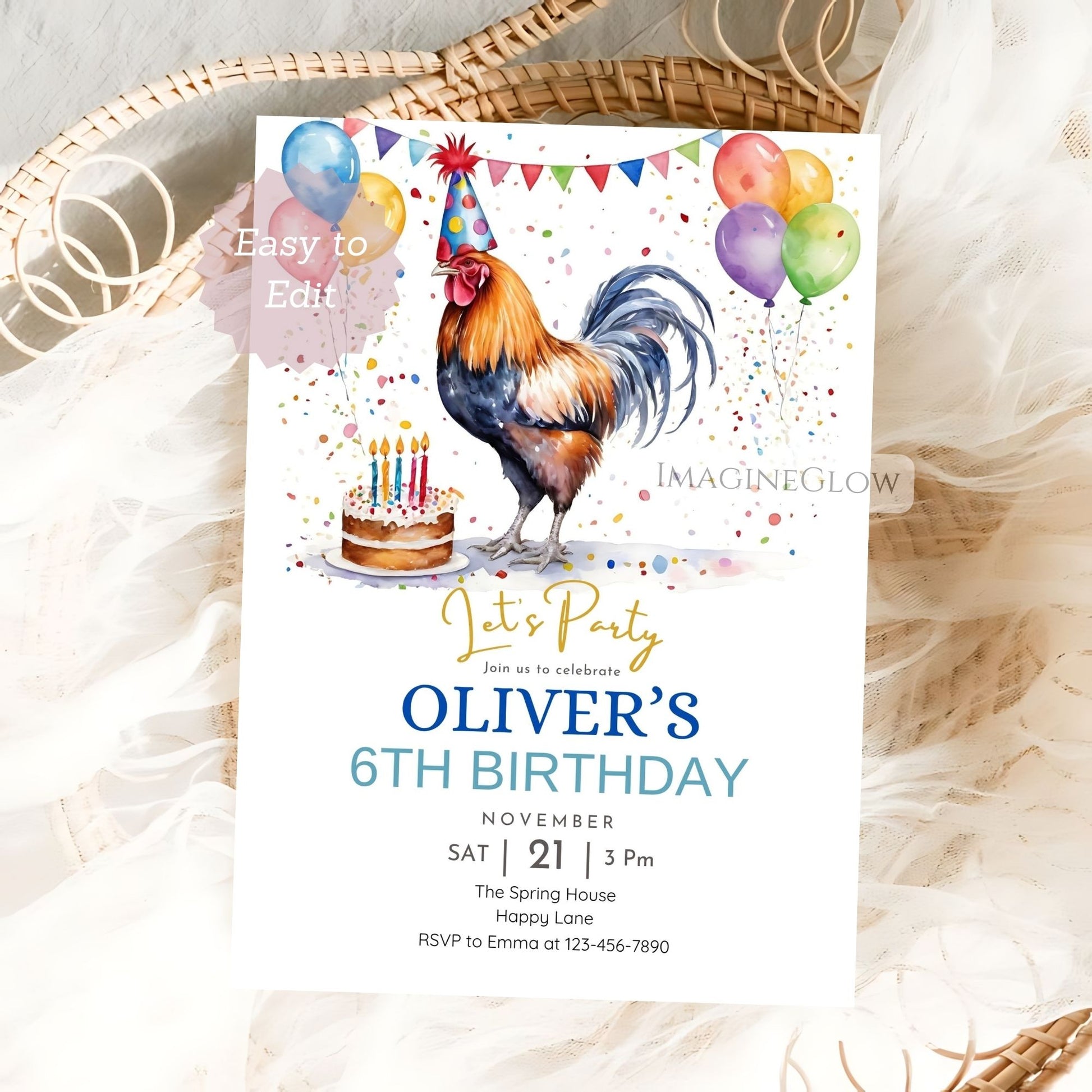 printable rooster barnyard invite
editable farm birthday celebration card