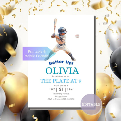 Printable baseball-themed party invitation for a fun and sporty celebration.