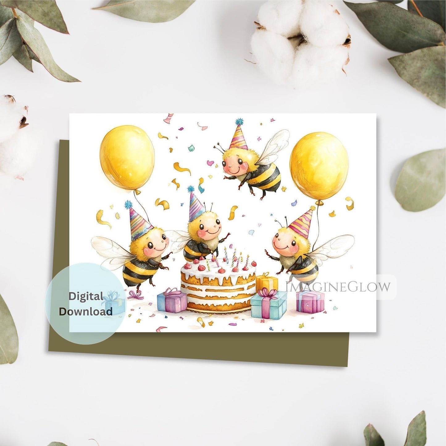 Birthday card with cartoon bees celebrating a birthday, featuring balloons and a cake.