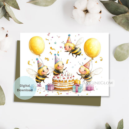 Birthday card with cartoon bees celebrating a birthday, featuring balloons and a cake.