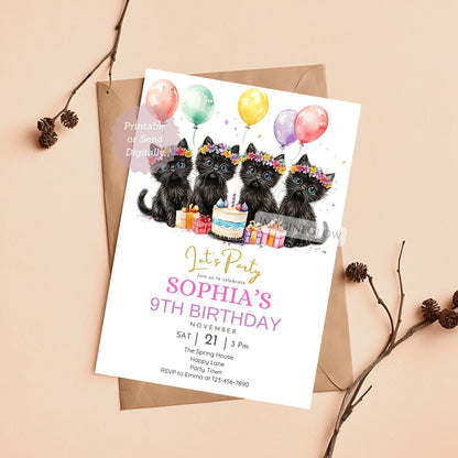 Black cats birthday invitation editable in Canva
