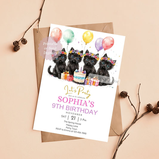 Black cats birthday invitation editable in Canva

