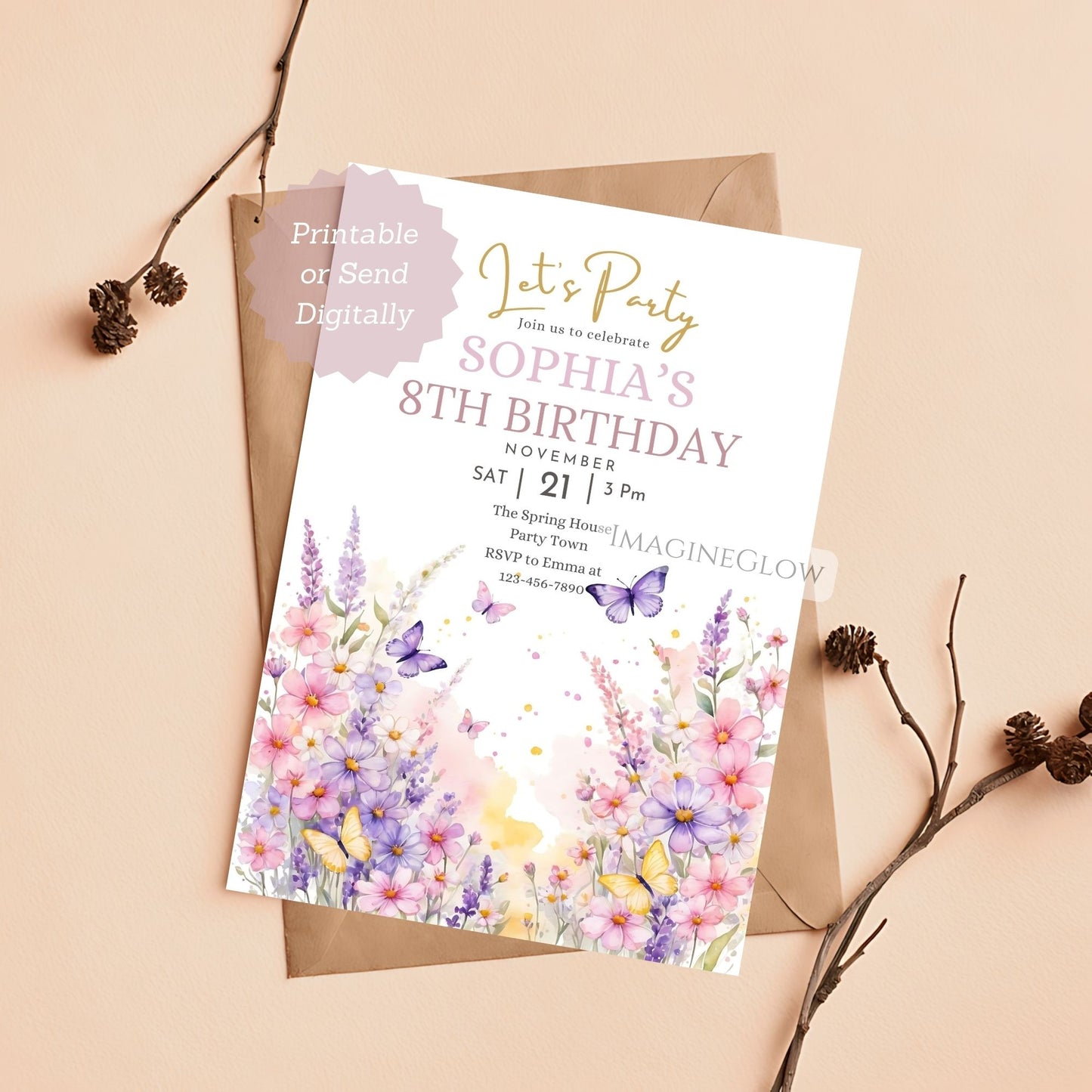 Birthday invitation card with floral design and butterfly on a beige background