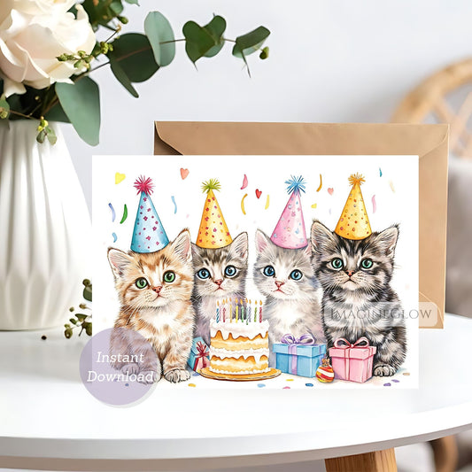 Birthday card with four kittens wearing party hats on a white surface.