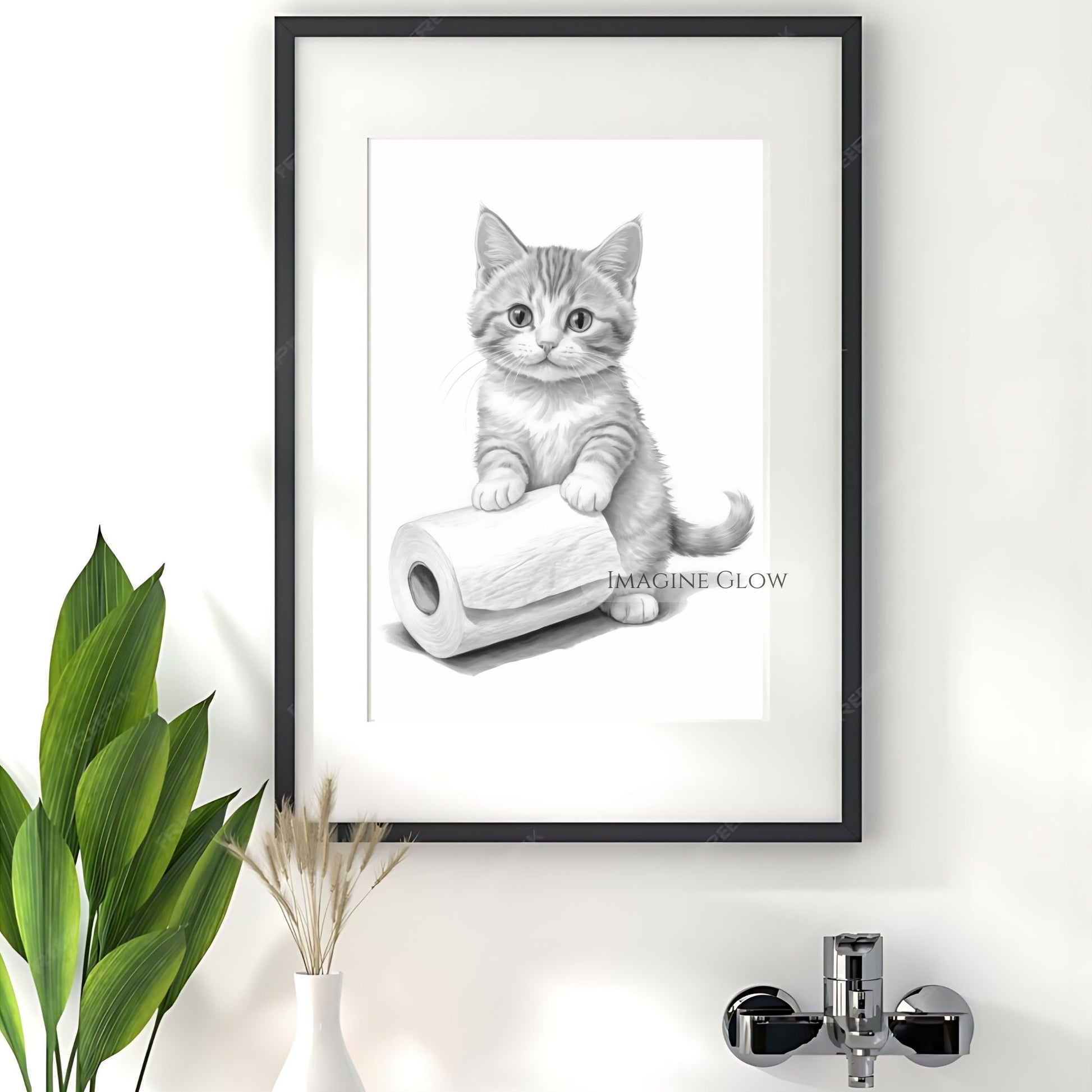 Whimsical cat decor in black and white
Modern cat bathroom wall art
