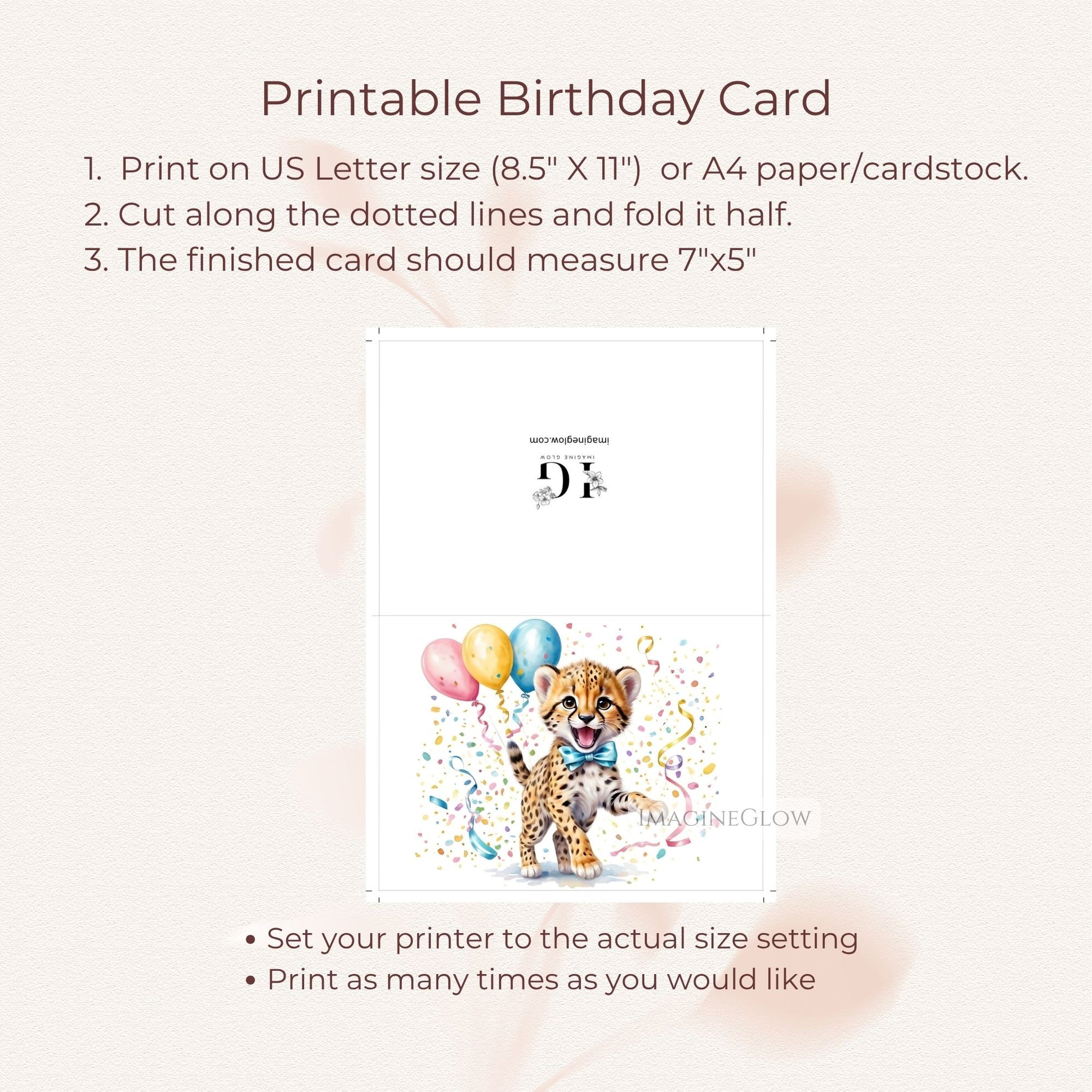 Safari animal-themed greeting card
Printable card with cheetah design
Cheetah birthday card for wildlife lovers
