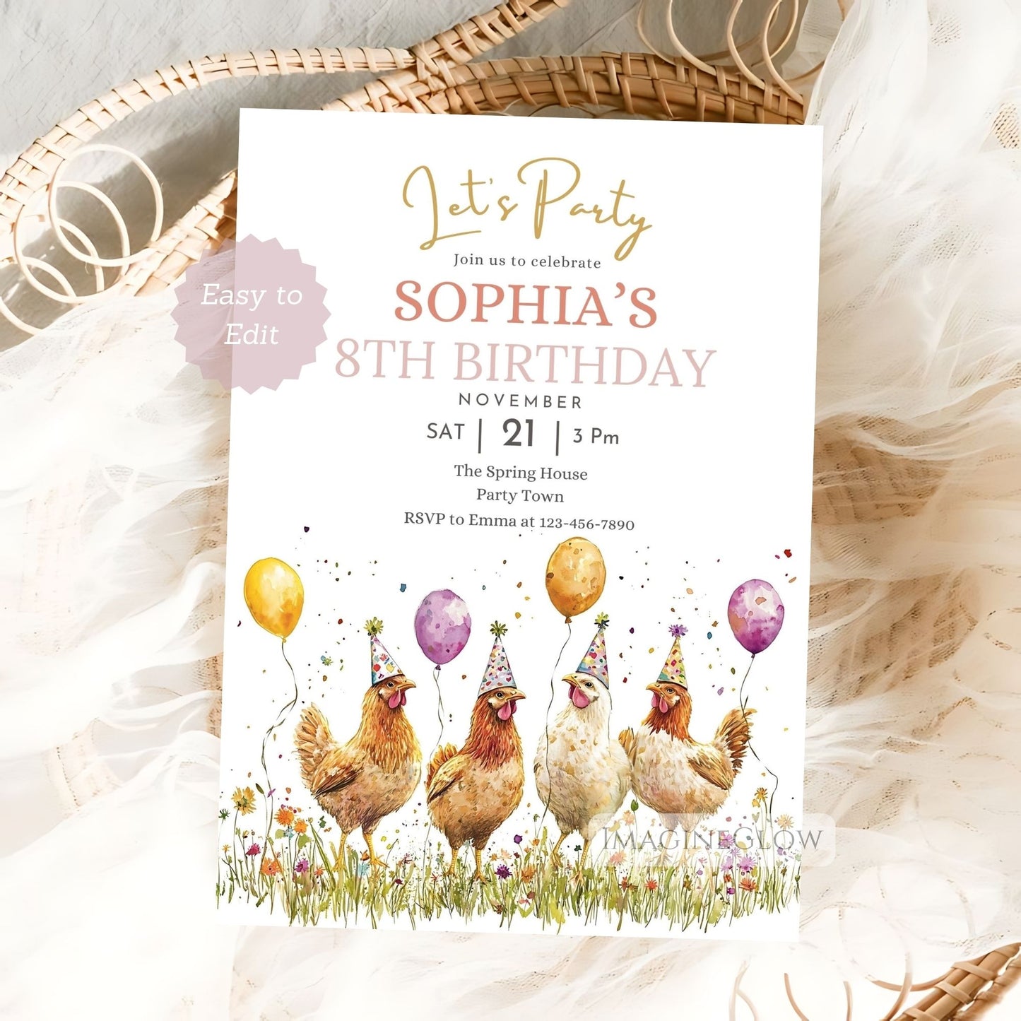 Farm themed chicken birthday party invitation template
