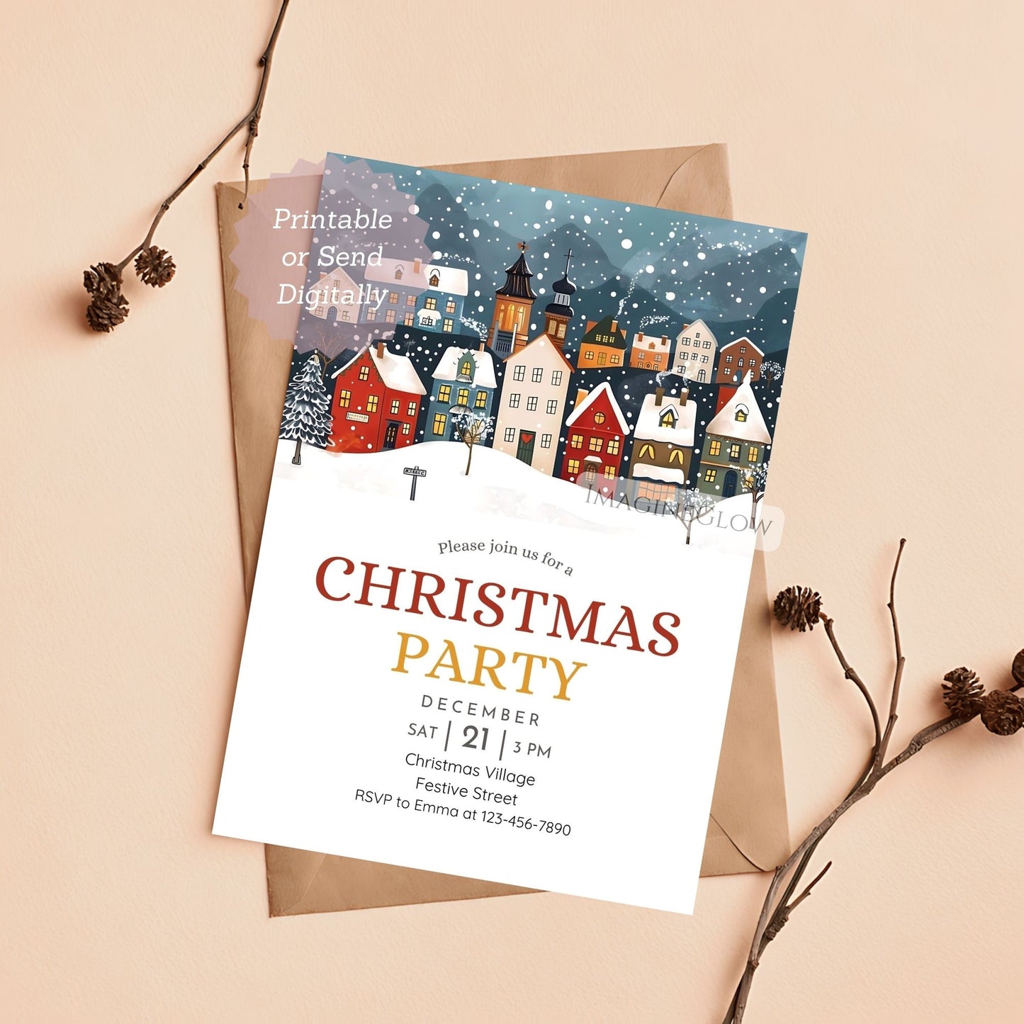 printable festive winter christmas invitation
holiday christmas village party invitation