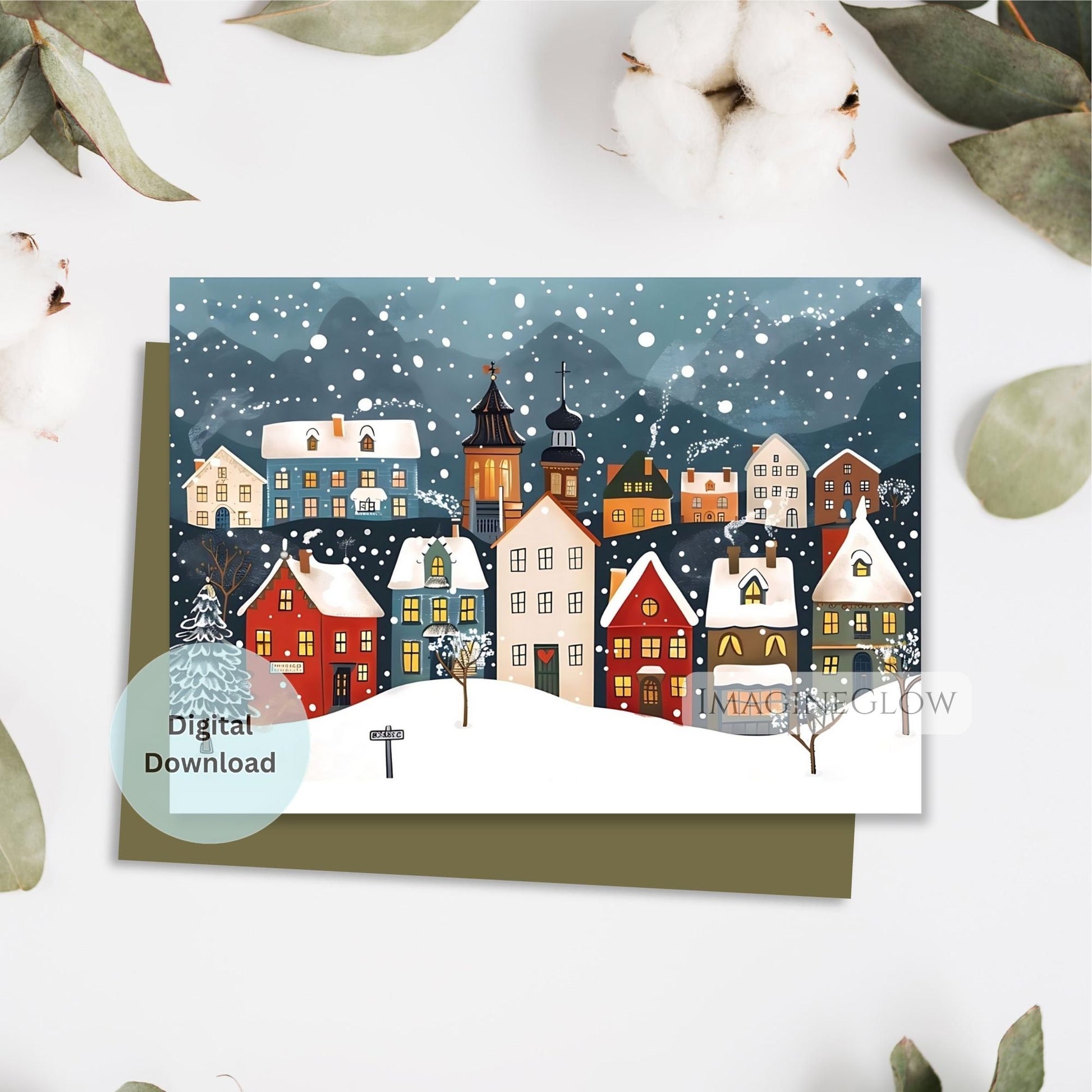 snow covered christmas village greeting card
