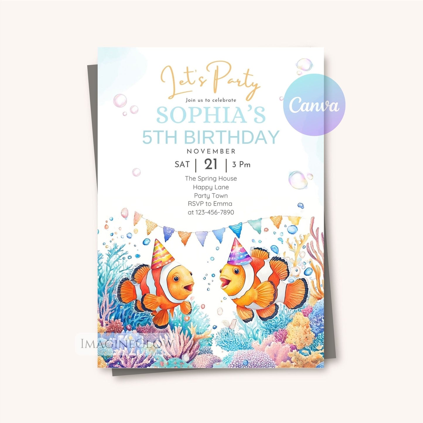 Tropical clownfish birthday party invitation
