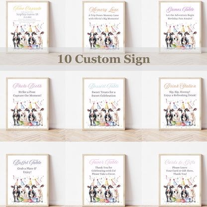 cow birthday bundle printable set
editable cow birthday invitation bundle
farm party cow invitation and decorations
cute cow birthday thank you card template
cow party welcome sign farm birthday bundle
printable farm animal cow birthday invitation
cow birthday party bundle editable in canva
