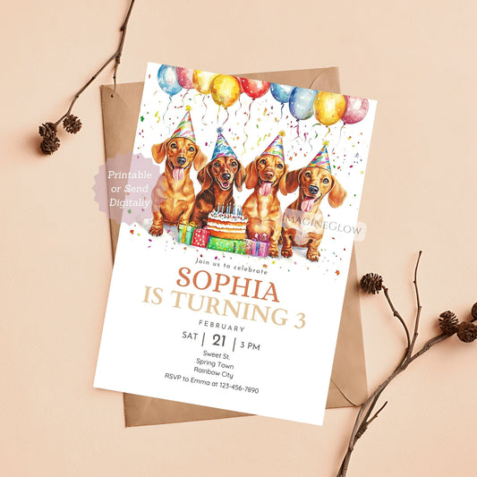 Dachshund dog birthday invitation with cute puppy design
