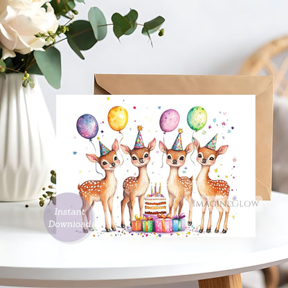 Birthday card with four deer wearing party hats and balloons on a white surface.