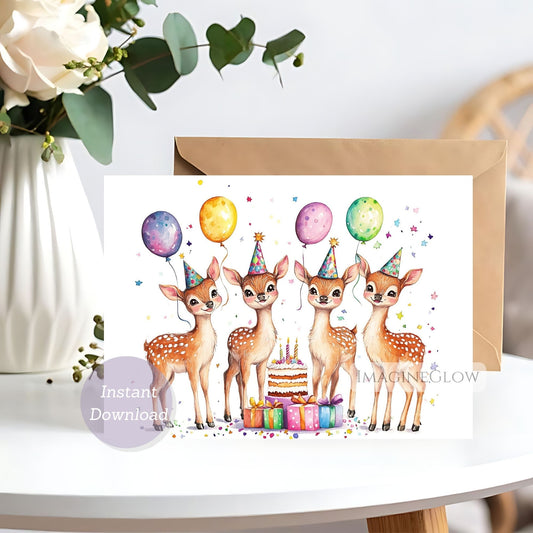 Birthday card with four deer wearing party hats and balloons on a white surface.