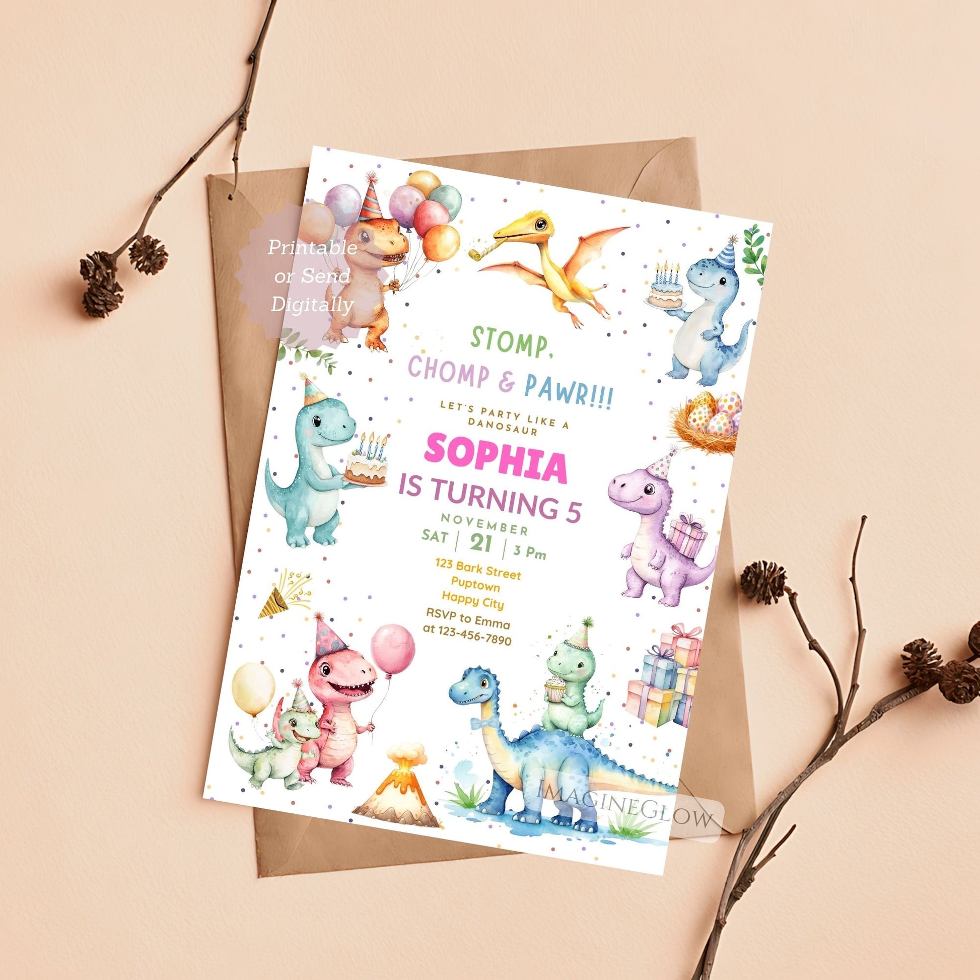 Dinosaur-themed birthday invitation card on a white background