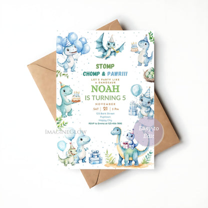 Dinosaur Birthday Invitation - Blue Theme Party Invitation