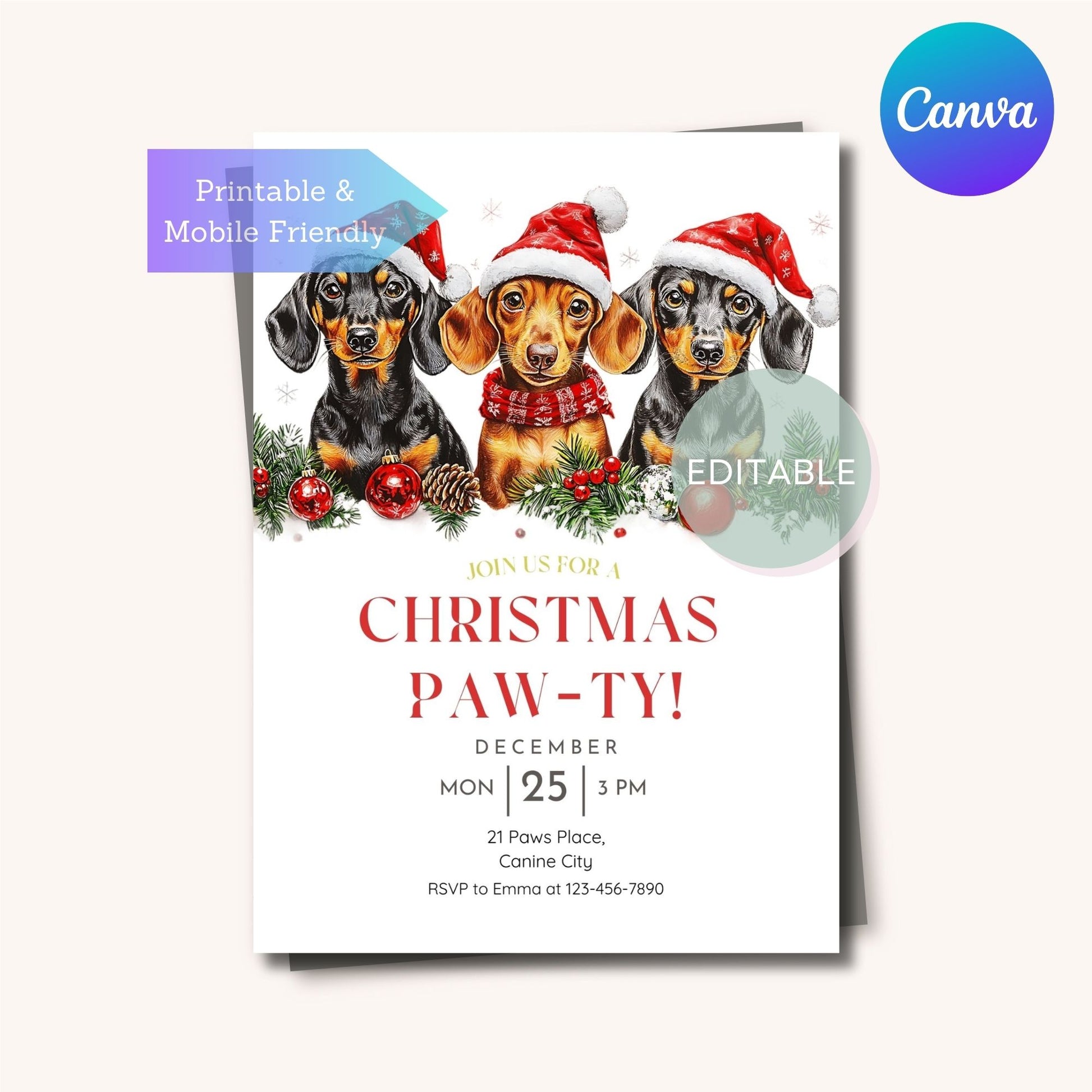 Editable Holiday Invitation featuring Dachshund Dog - Printable and Mobile Design