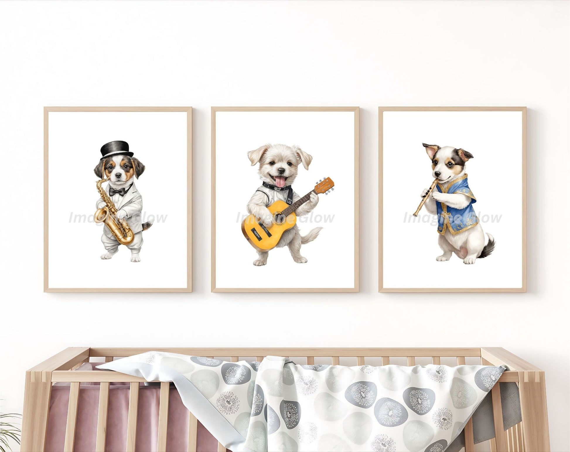 Baby room wall art with musical dog prints