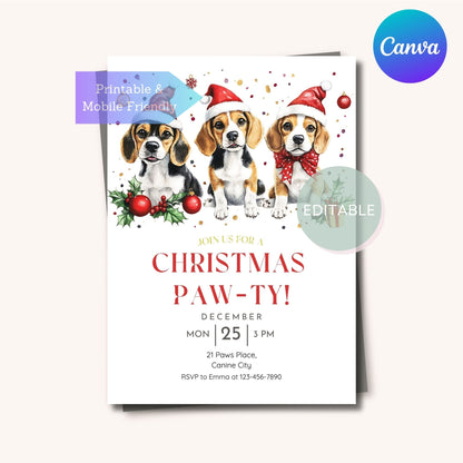 Printable Christmas invitation featuring a Beagle dog design