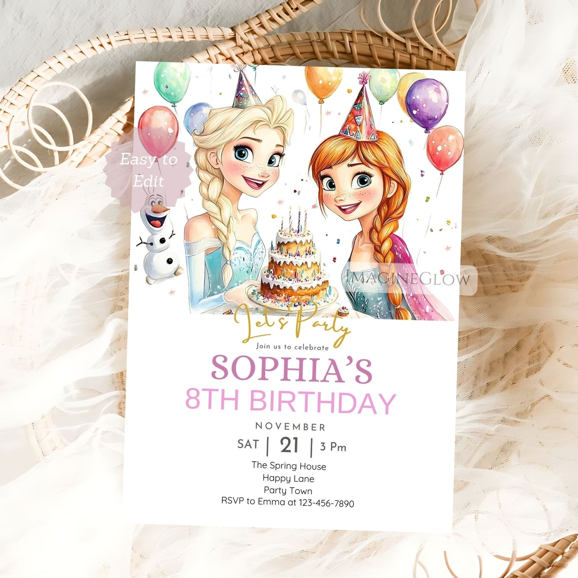 Frozen birthday invitation with Elsa and Anna design

