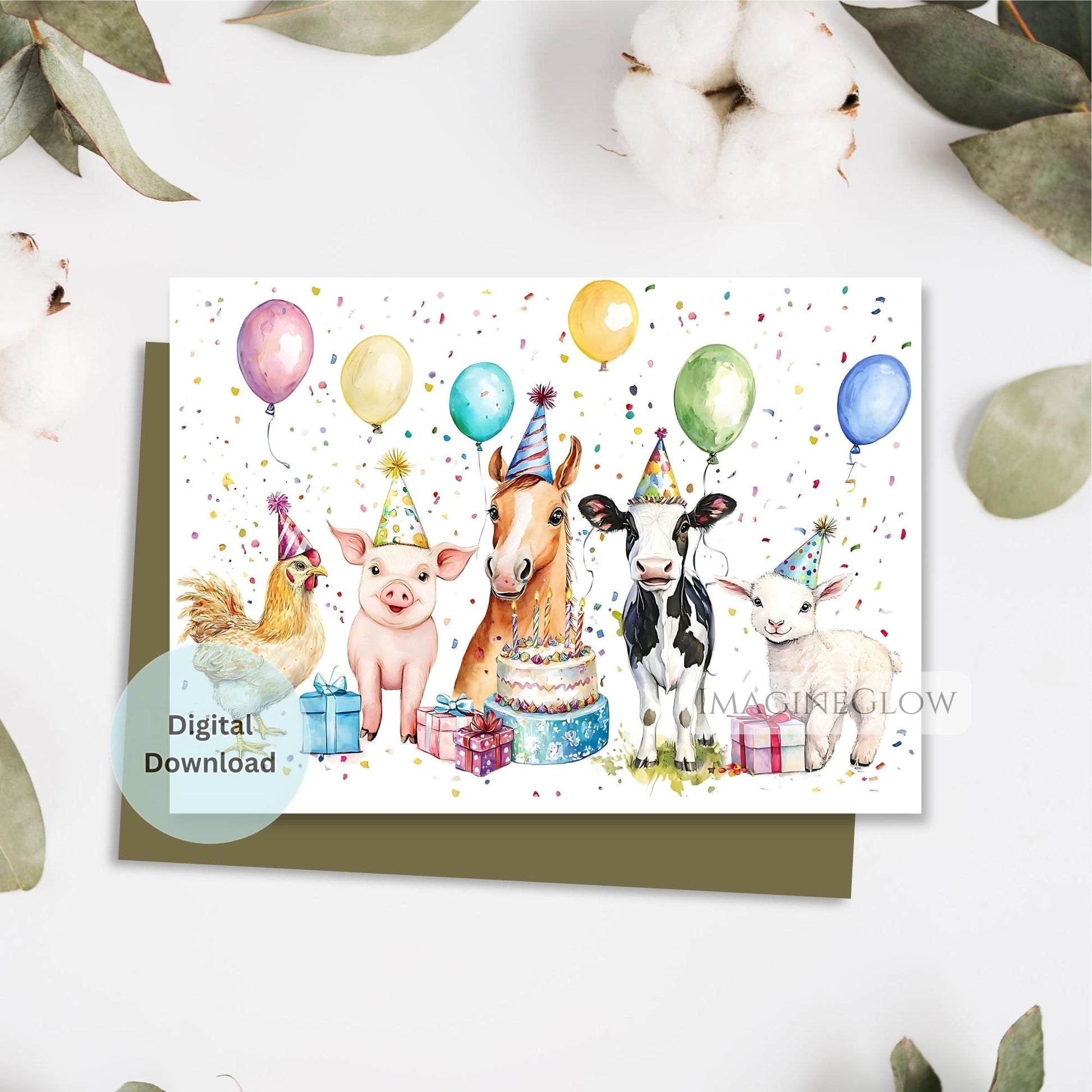 Farm animals birthday card with barnyard design
Printable farm animal birthday greeting card
Chicken pig horse cow sheep birthday card

