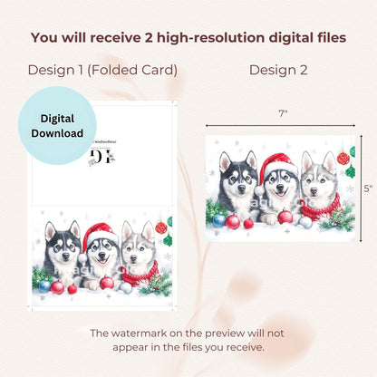 Printable winter greeting card with Husky illustration