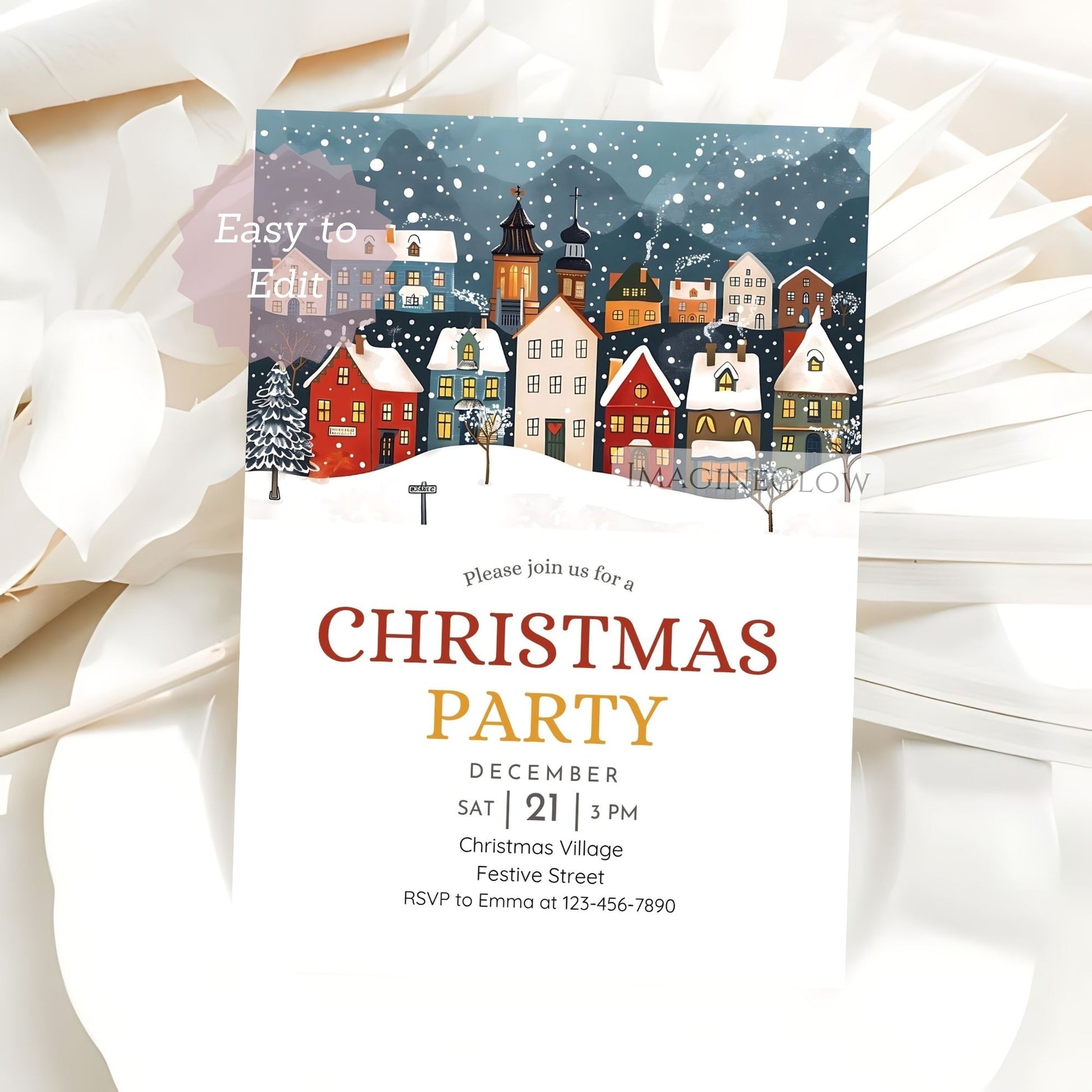 Christmas party invitation with a snowy village scene on a white background