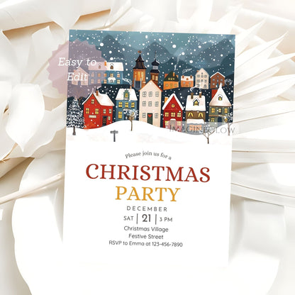 Christmas party invitation with a snowy village scene on a white background
