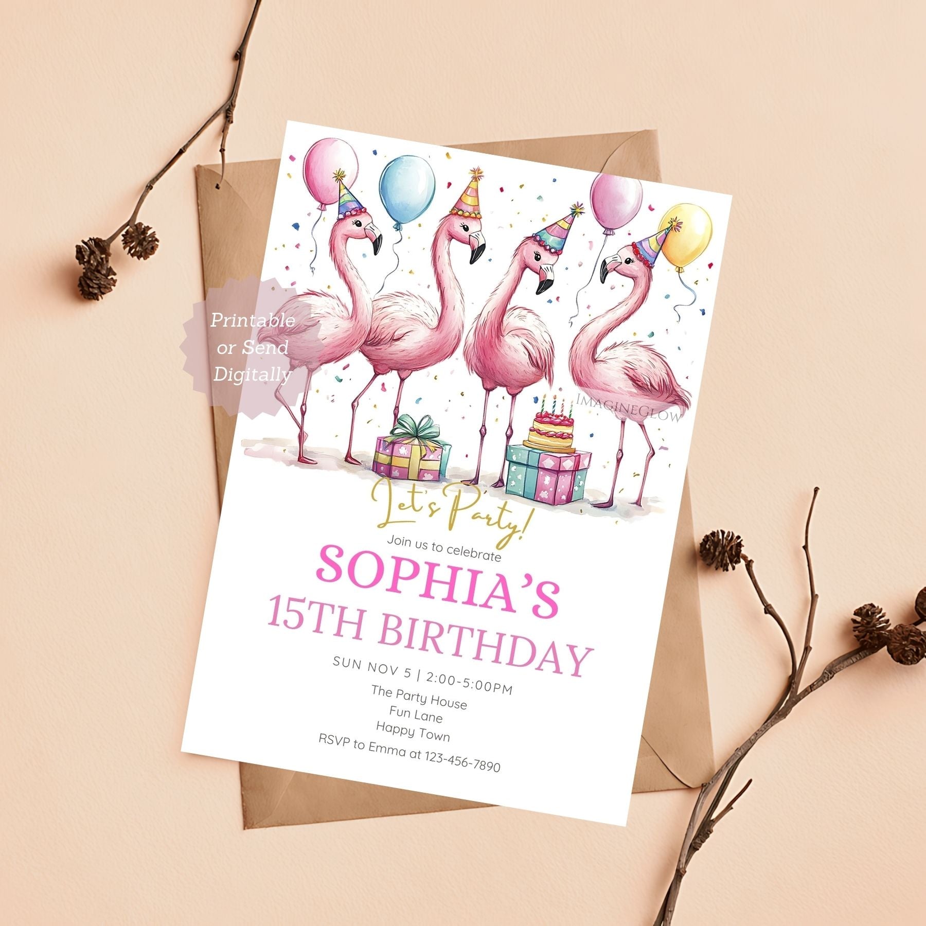 Editable flamingo party invitation for kids' birthday
