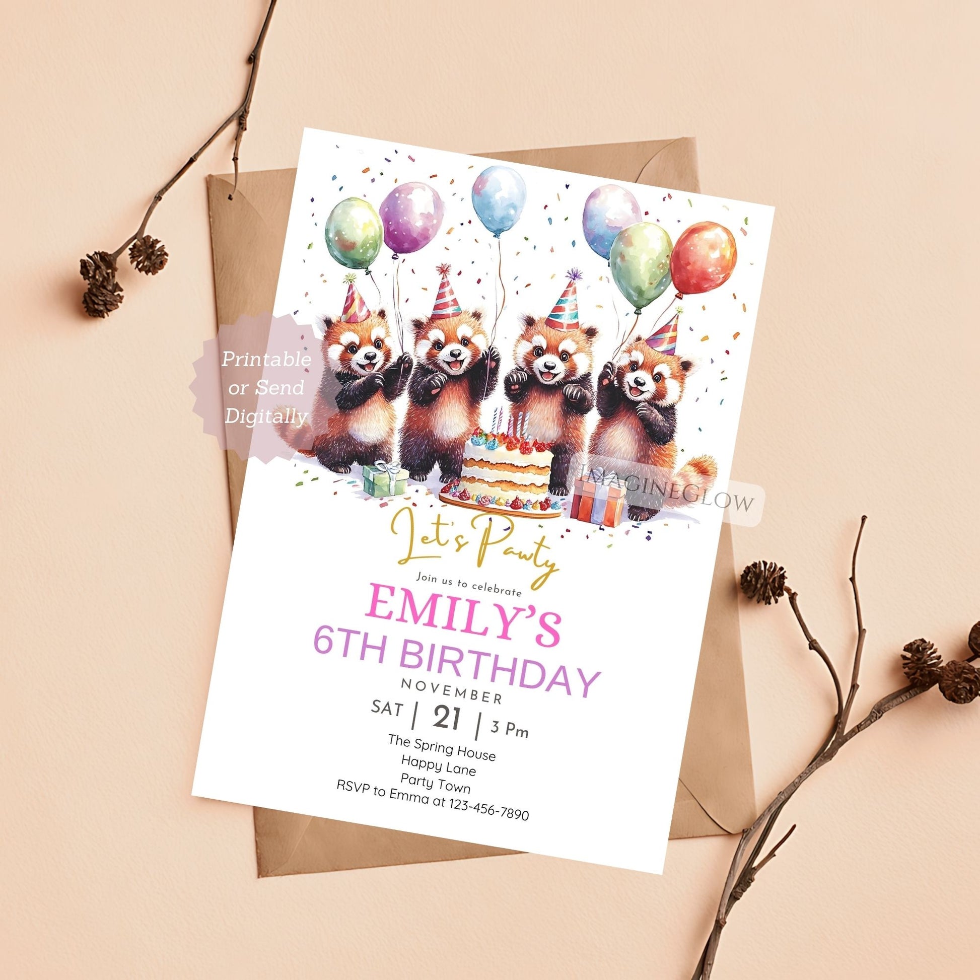 Editable four red panda birthday invitation template
