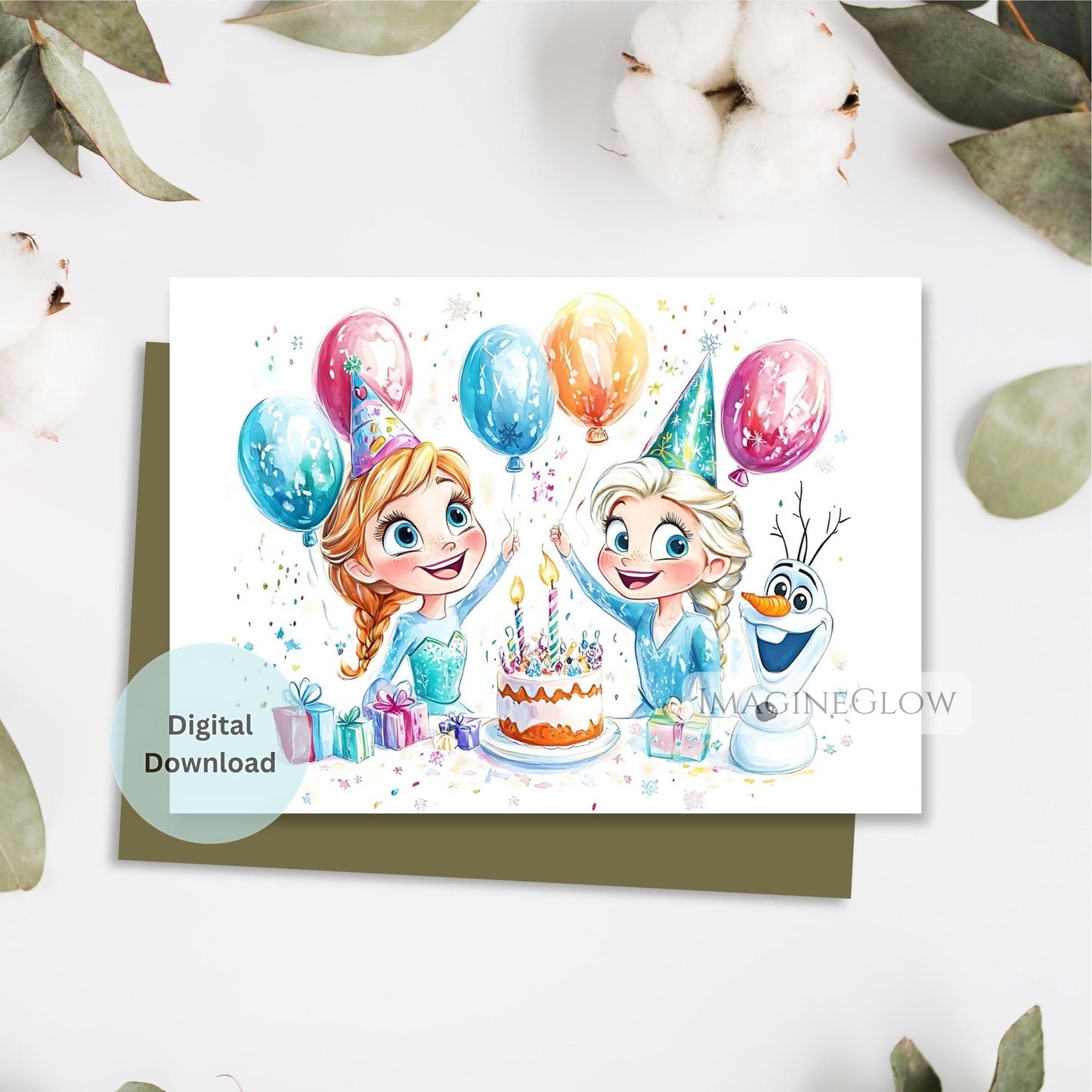 Birthday card with frozen characters and balloons on a white background