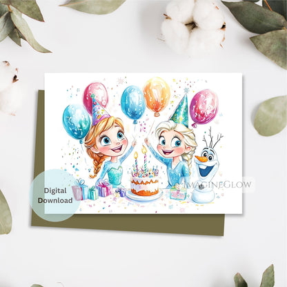 Birthday card with frozen characters and balloons on a white background