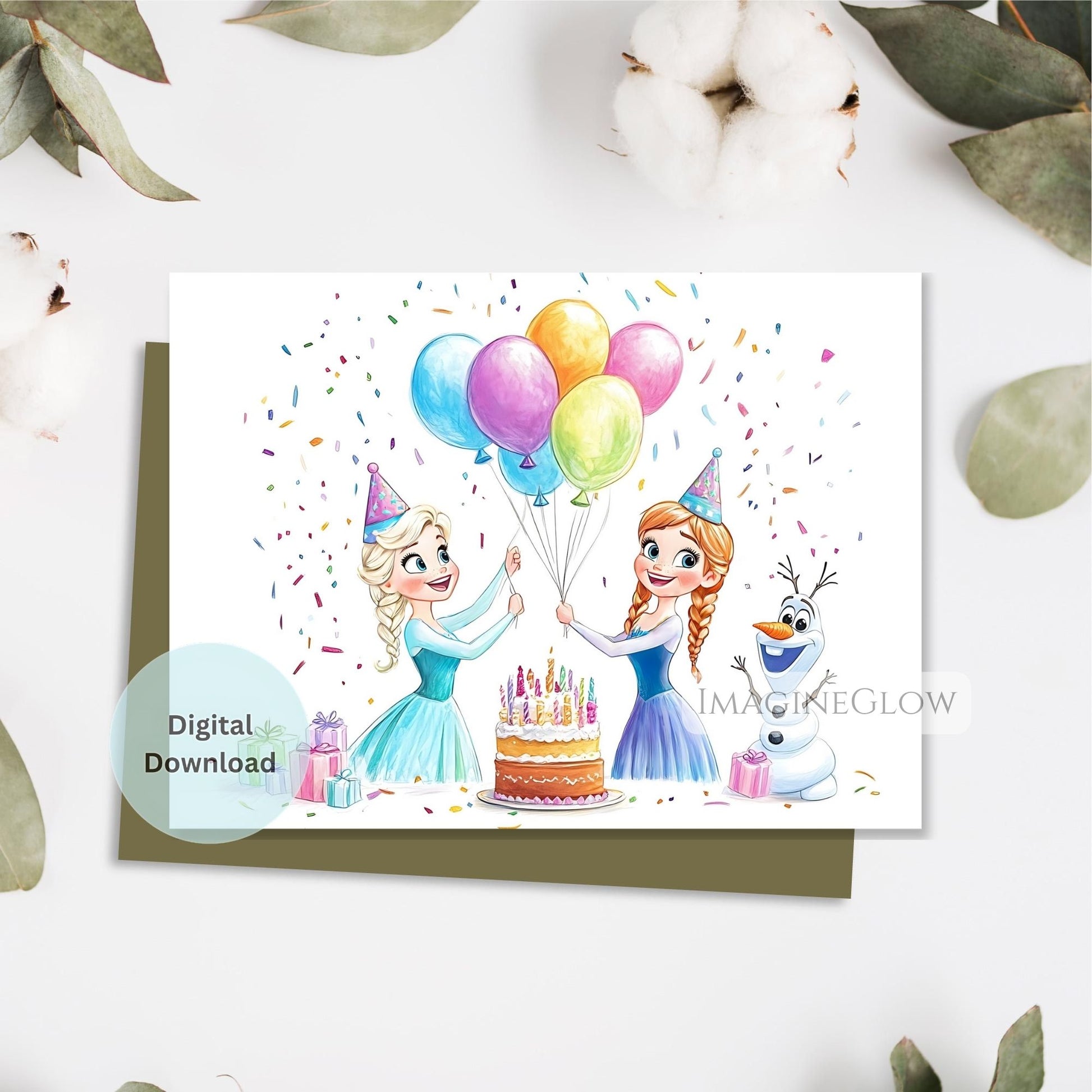Winter wonderland Frozen birthday card for girls
Frozen princess themed birthday greeting card
Cute Frozen birthday card with snowflakes and ice castle
Elsa and Anna digital birthday card printable

