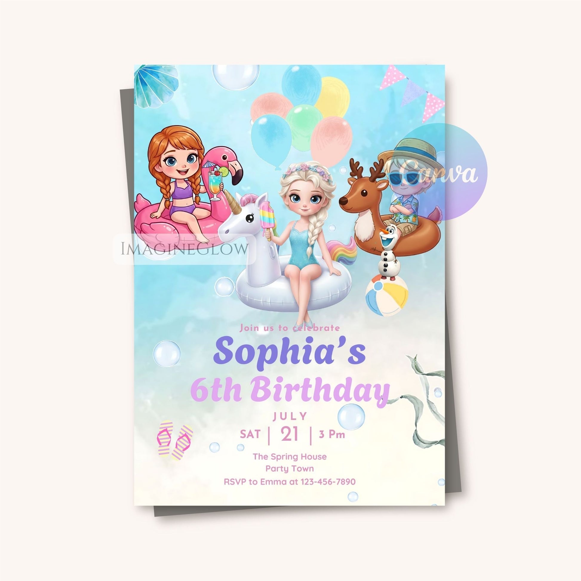 Birthday invitation card with cartoon characters on a blue background