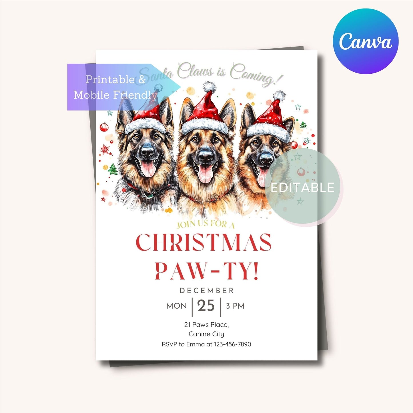 Printable Christmas invitation featuring a German Shepherd dog design