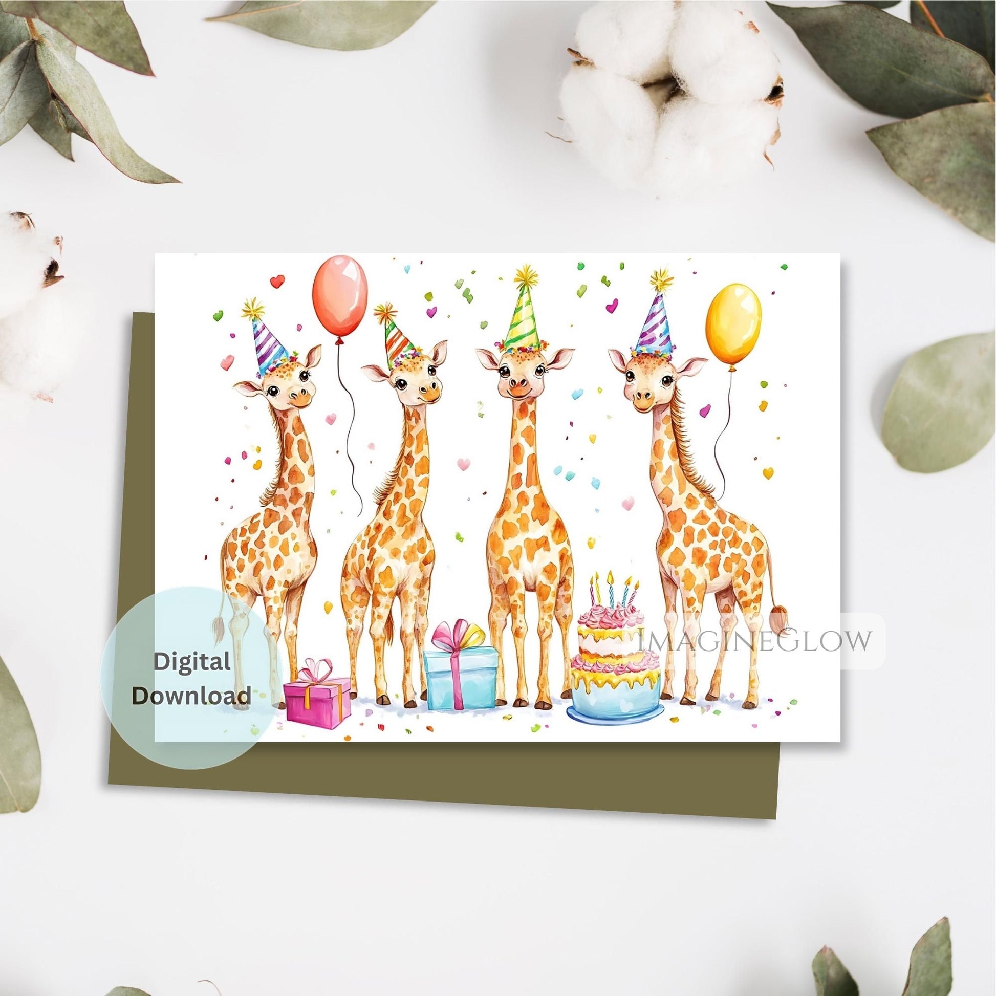 Illustration of four giraffes wearing party hats with balloons and a cake on a white background.