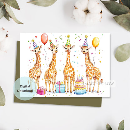 Illustration of four giraffes wearing party hats with balloons and a cake on a white background.
