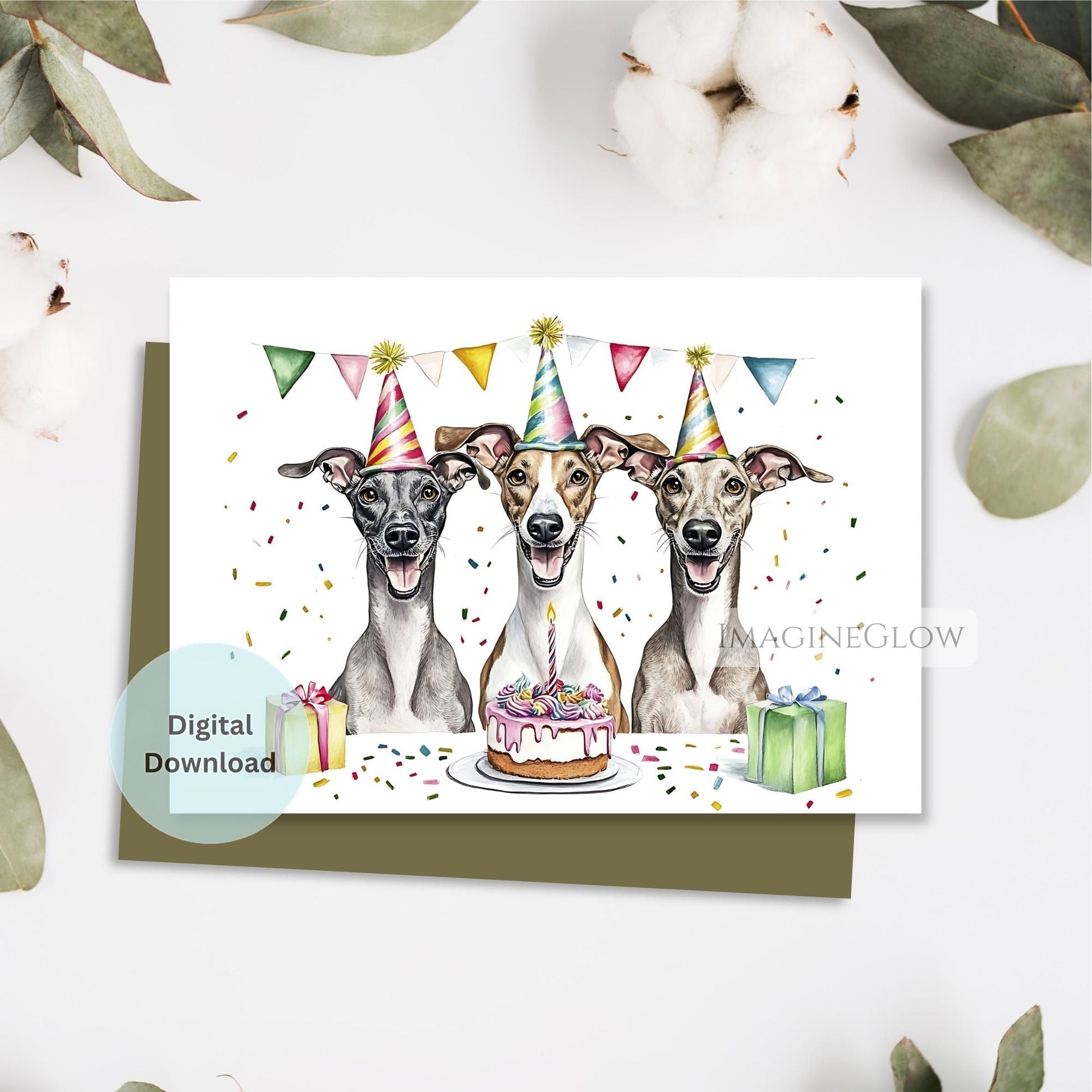 Digital download card with three dogs wearing party hats and a birthday cake on a white background.