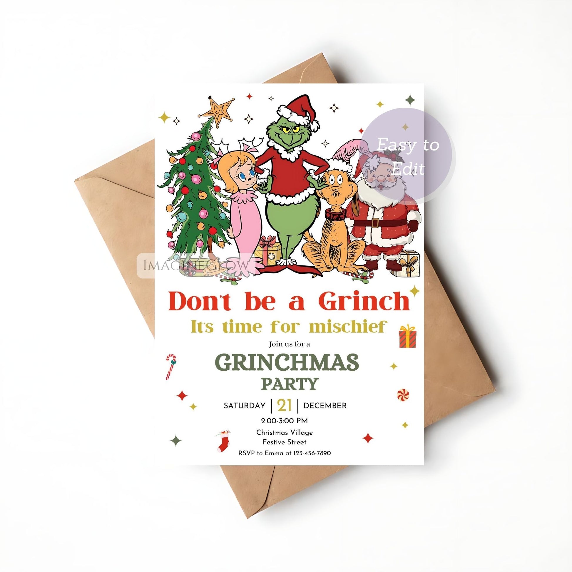 Grinchmas party invitation with characters and festive elements on a white background