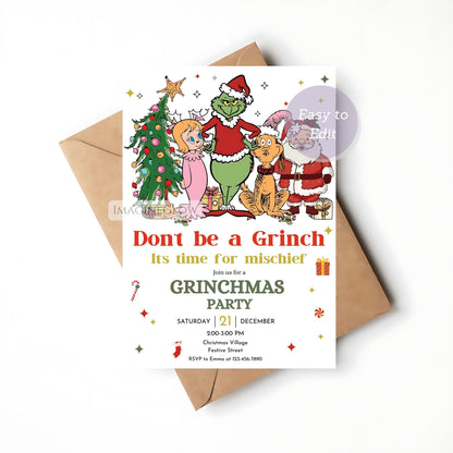 Grinchmas party invitation with characters and festive elements on a white background
