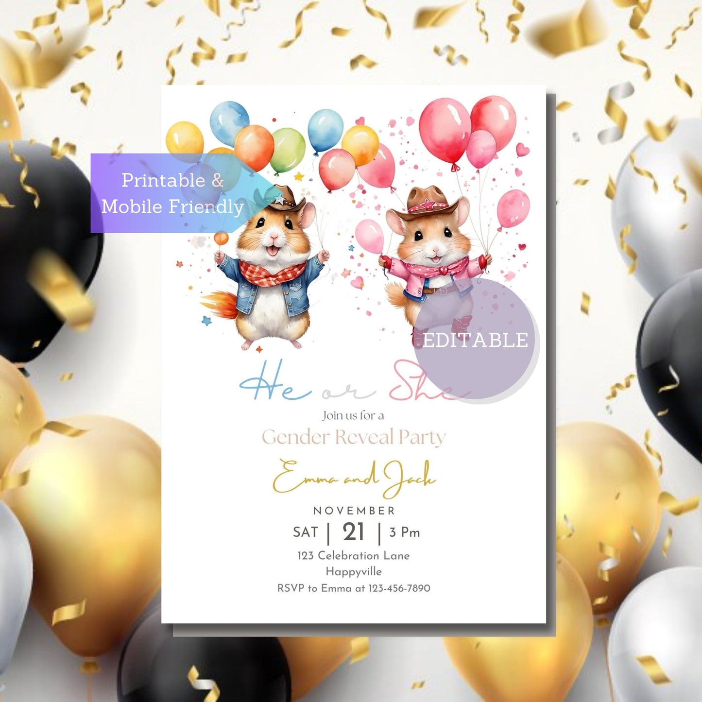 Printable hamster-themed baby shower invitation for boys or girls