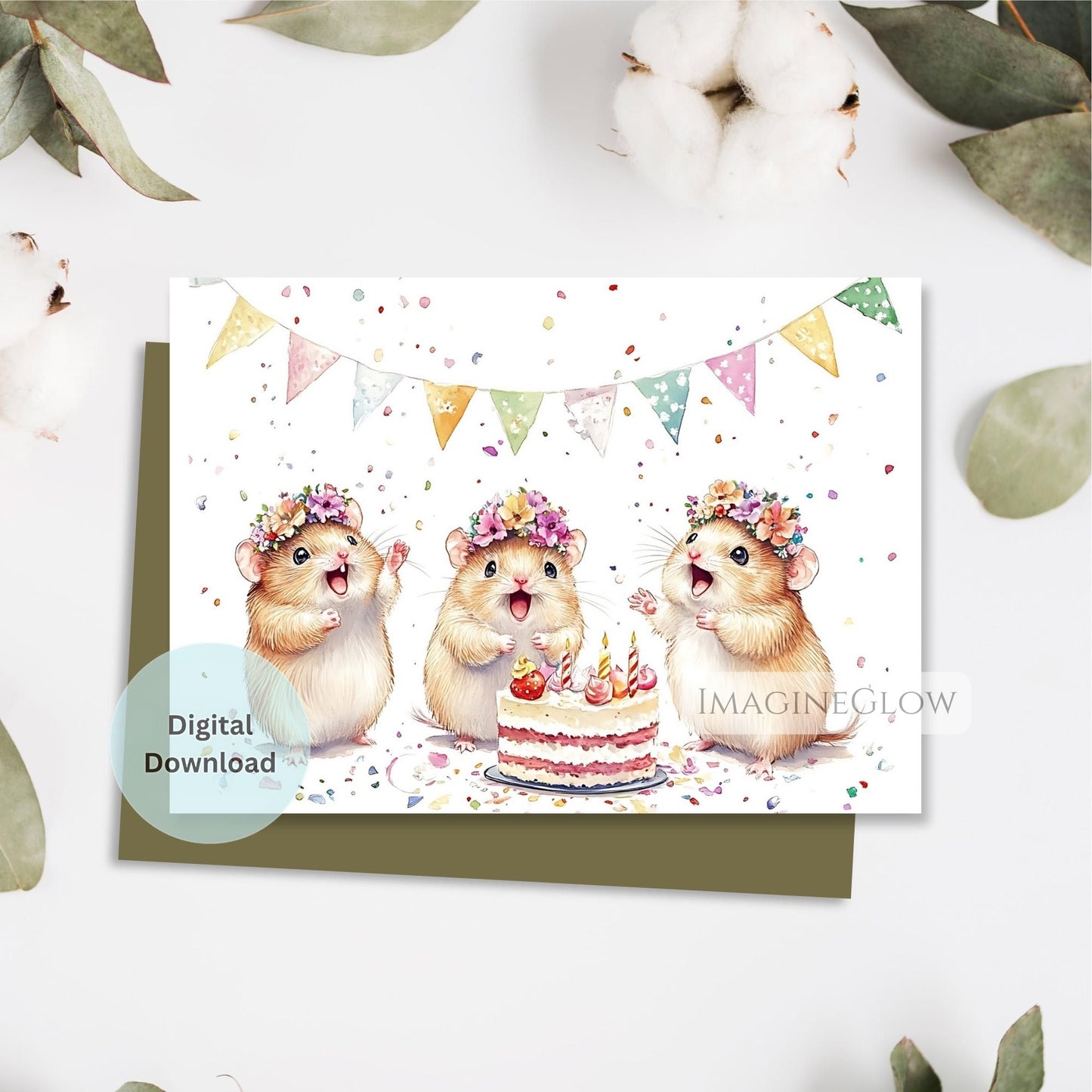 Greeting card with three hamsters celebrating a birthday, surrounded by flowers and confetti, on a white background.